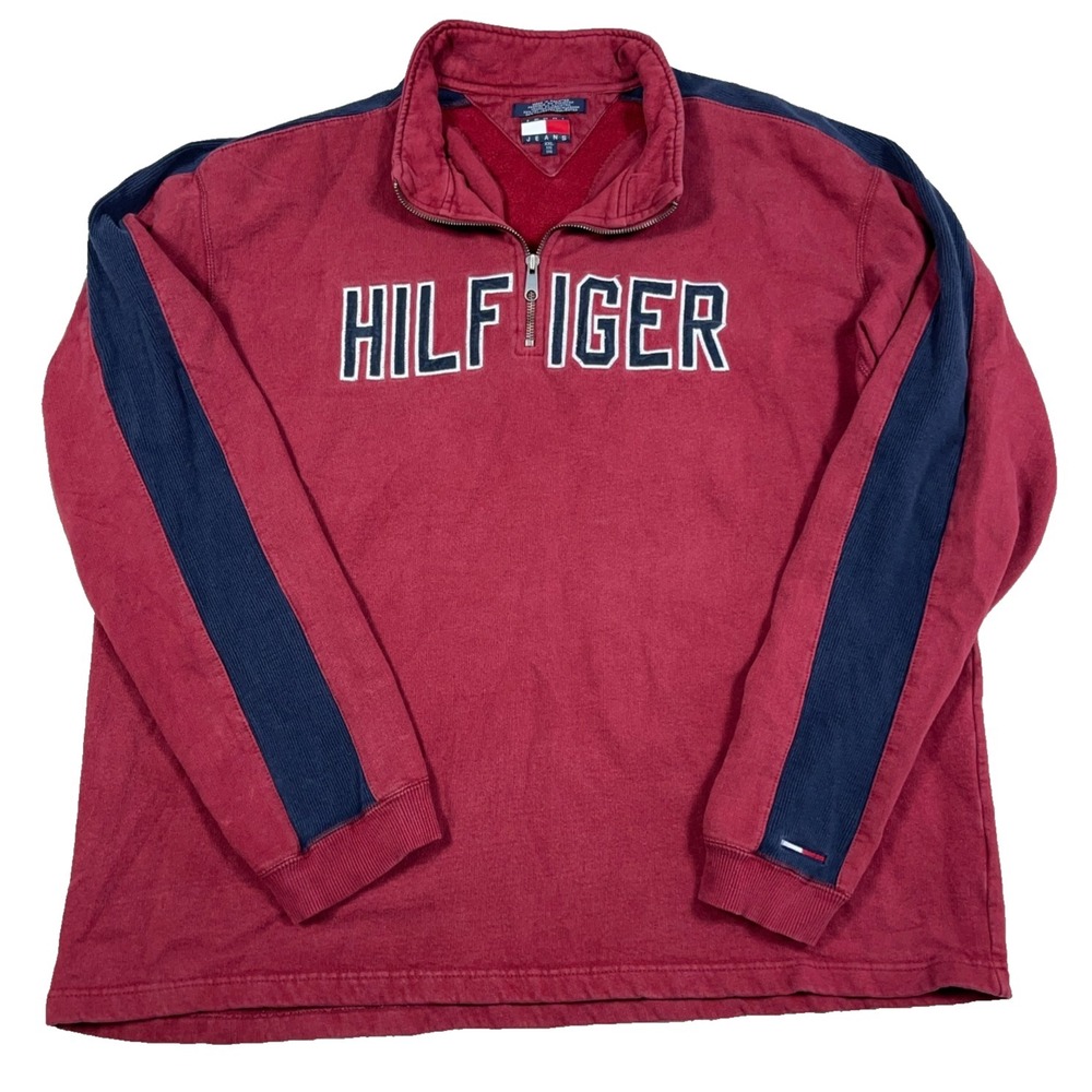 Vintage Tommy Hilfiger Sweatshirt Men 2XL XXL Red Pullover 1/4 Zip Spellout 90s